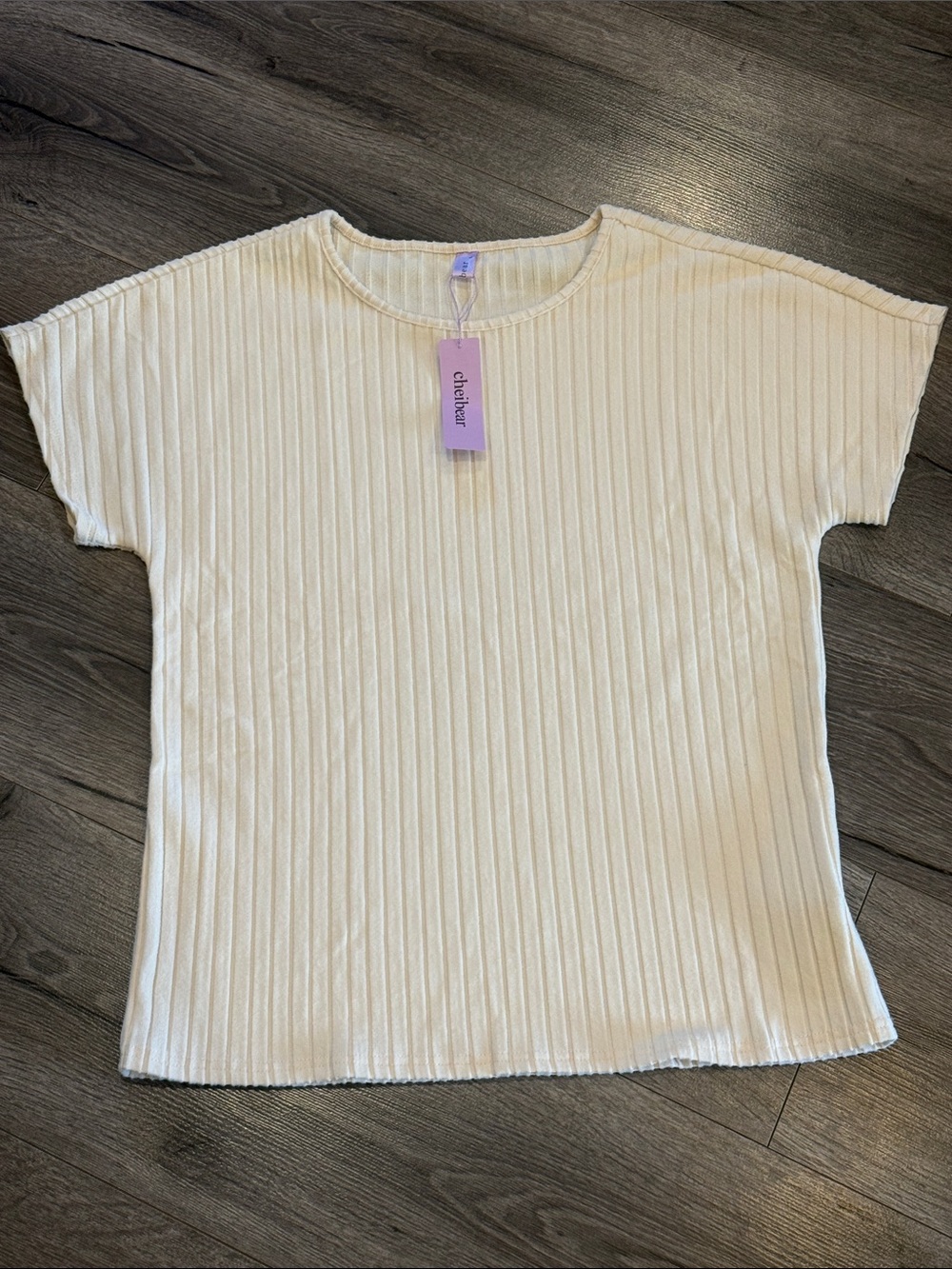 Chiclover Cream Ribbed Short Sleeve Tee Cheibear top Confortable